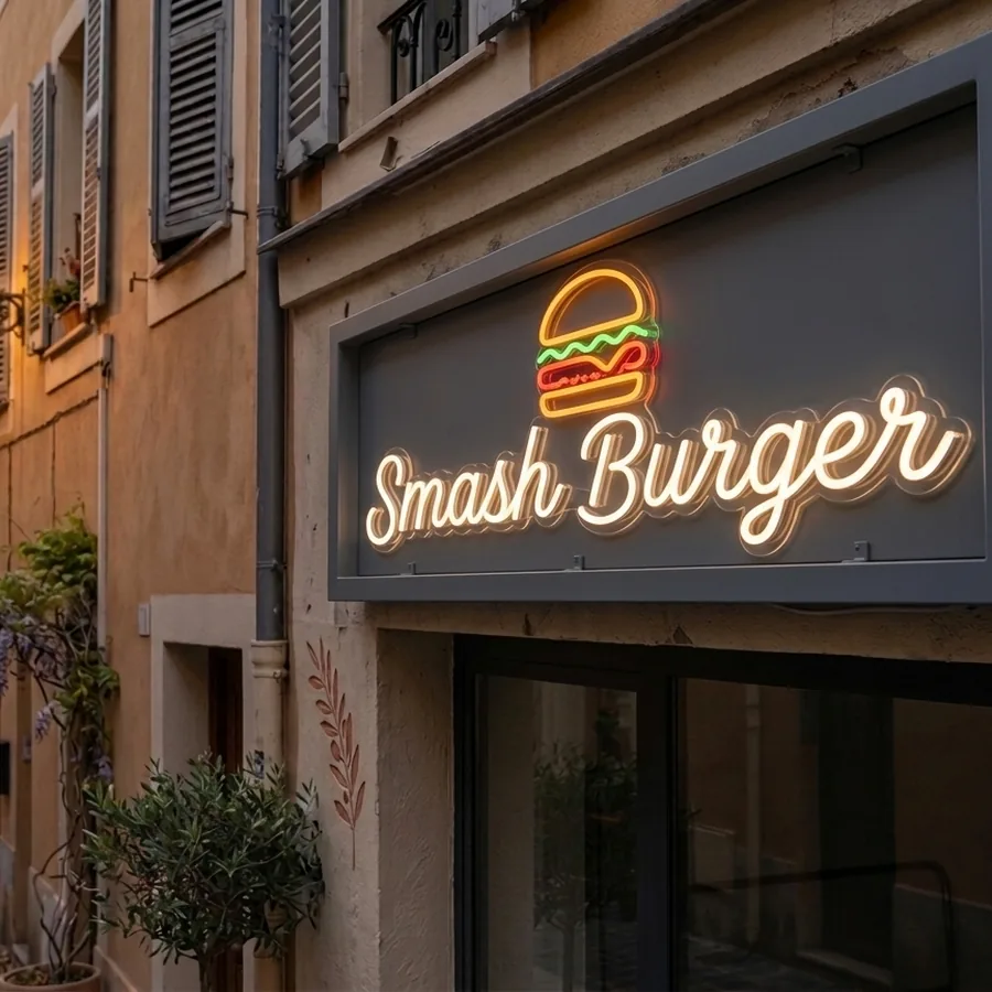 Enseigne lumineuse sur une façade de commerce